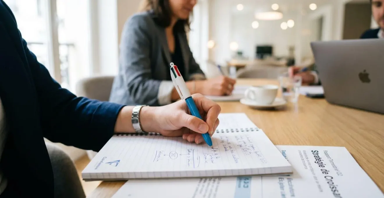 Main professionnelle tenant un stylo 4 couleurs personnalisé avec logo d'entreprise visible, prenant des notes sur un document dans un bureau contemporain français