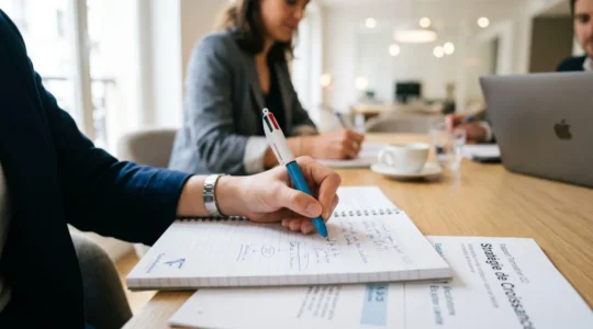 Main professionnelle tenant un stylo 4 couleurs personnalisé avec logo d'entreprise visible, prenant des notes sur un document dans un bureau contemporain français