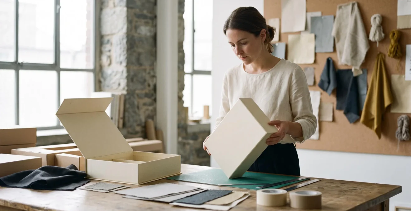 Une designer examine deux prototypes de coffrets vierges sur une table de travail recouverte d'échantillons de matériaux dans un studio lumineux.