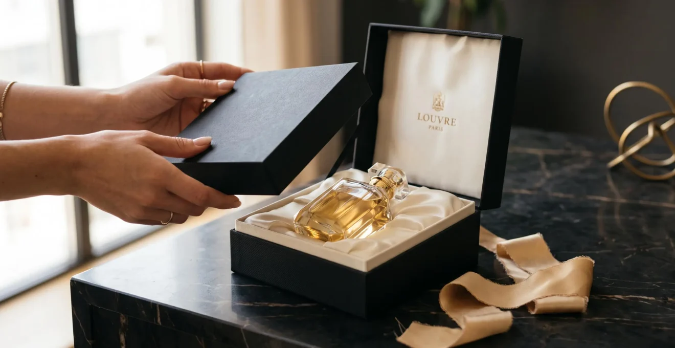 Un écrin de luxe noir ouvert révélant un flacon en verre, des mains soulevant délicatement le couvercle sur une table en pierre sombre.