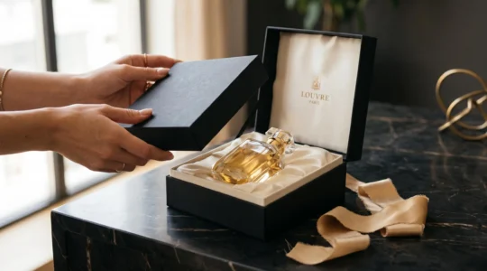 Un écrin de luxe noir ouvert révélant un flacon en verre, des mains soulevant délicatement le couvercle sur une table en pierre sombre.