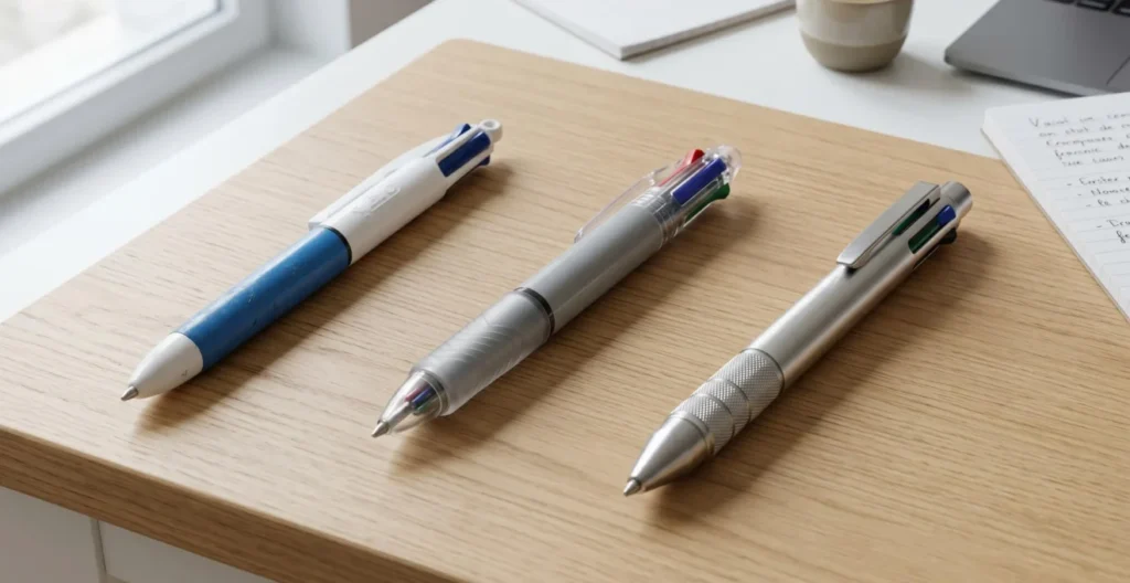 Trois stylos 4 couleurs alignés sur surface blanche montrant la progression des gammes : modèle plastique économique, corps renforcé standard et finition métallique premium