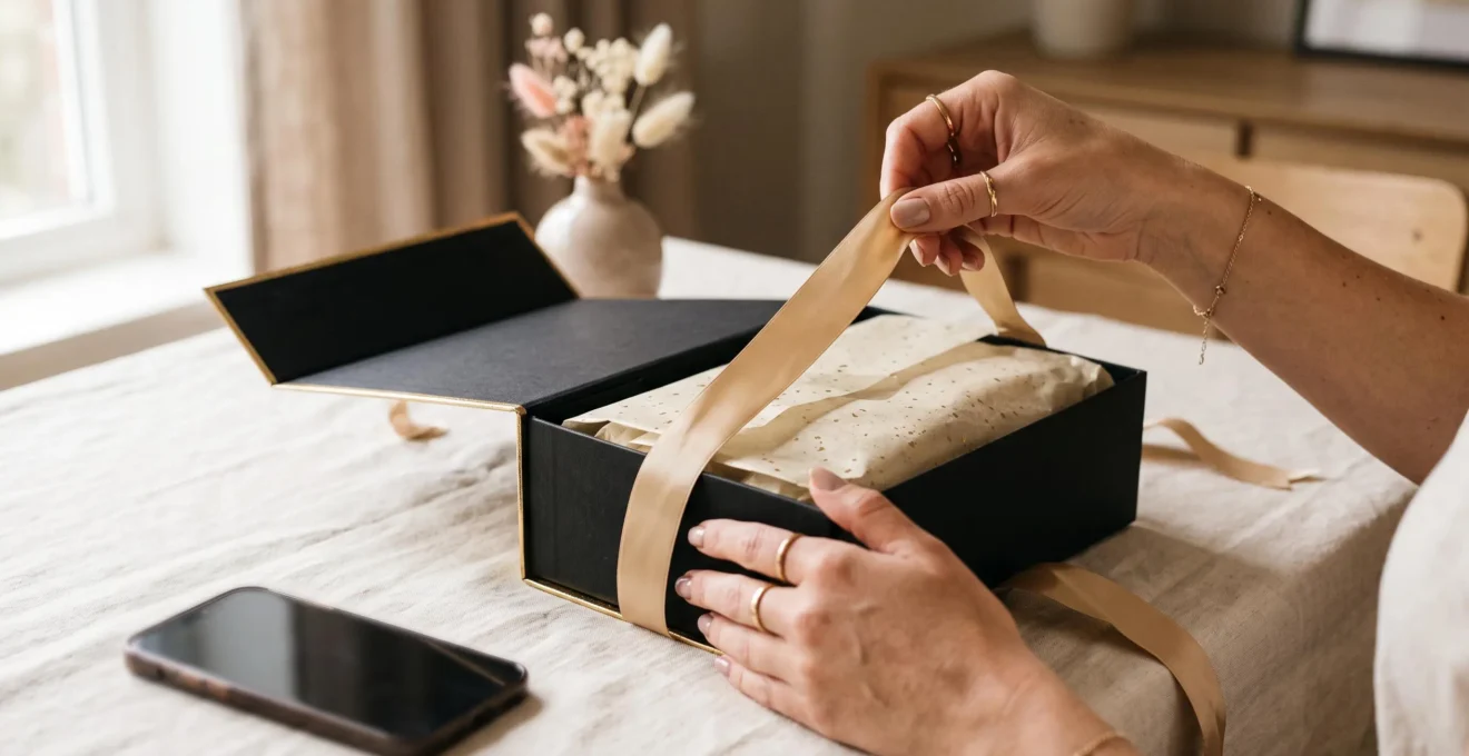 Des mains dénouent un ruban doré lors du déballage d'un coffret noir élégant posé sur une table couverte de lin crème.
